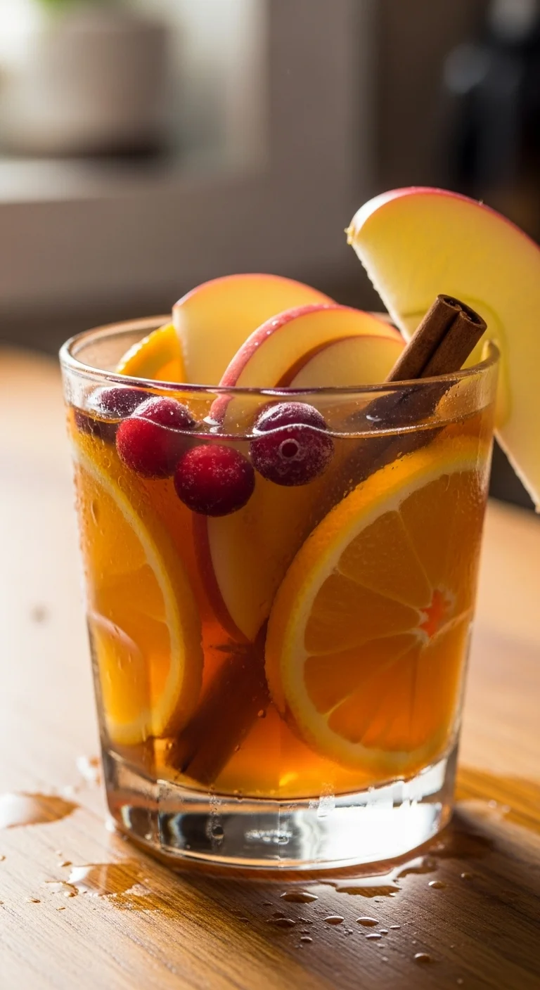 Close-up of Apple Cider Sangria ingredients being prepared, including apples, oranges, cinnamon sticks, and apple cider.