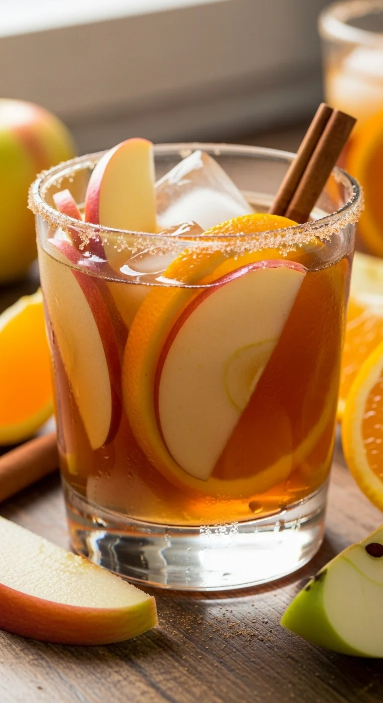 Close-up shot of apple cider sangria filled with apple slices, orange wedges, and cranberries. A delicious fall drink.