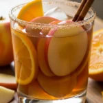 Delicious apple cider sangria in a pitcher with apple slices and orange wedges. Fall cocktail recipe.