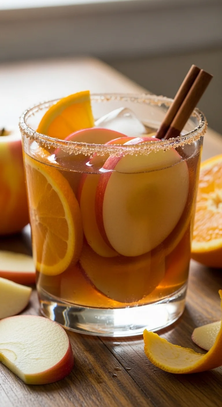 Delicious apple cider sangria in a pitcher with apple slices and orange wedges. Fall cocktail recipe.