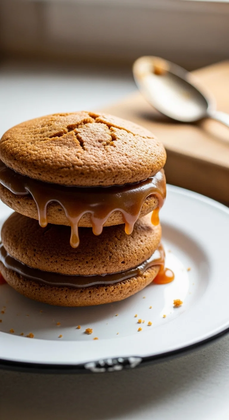 Homemade caramel filling being piped into soft apple cider whoopie pies.