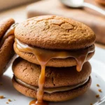 Close-up of an apple cider whoopie pie with caramel filling, a perfect fall dessert.