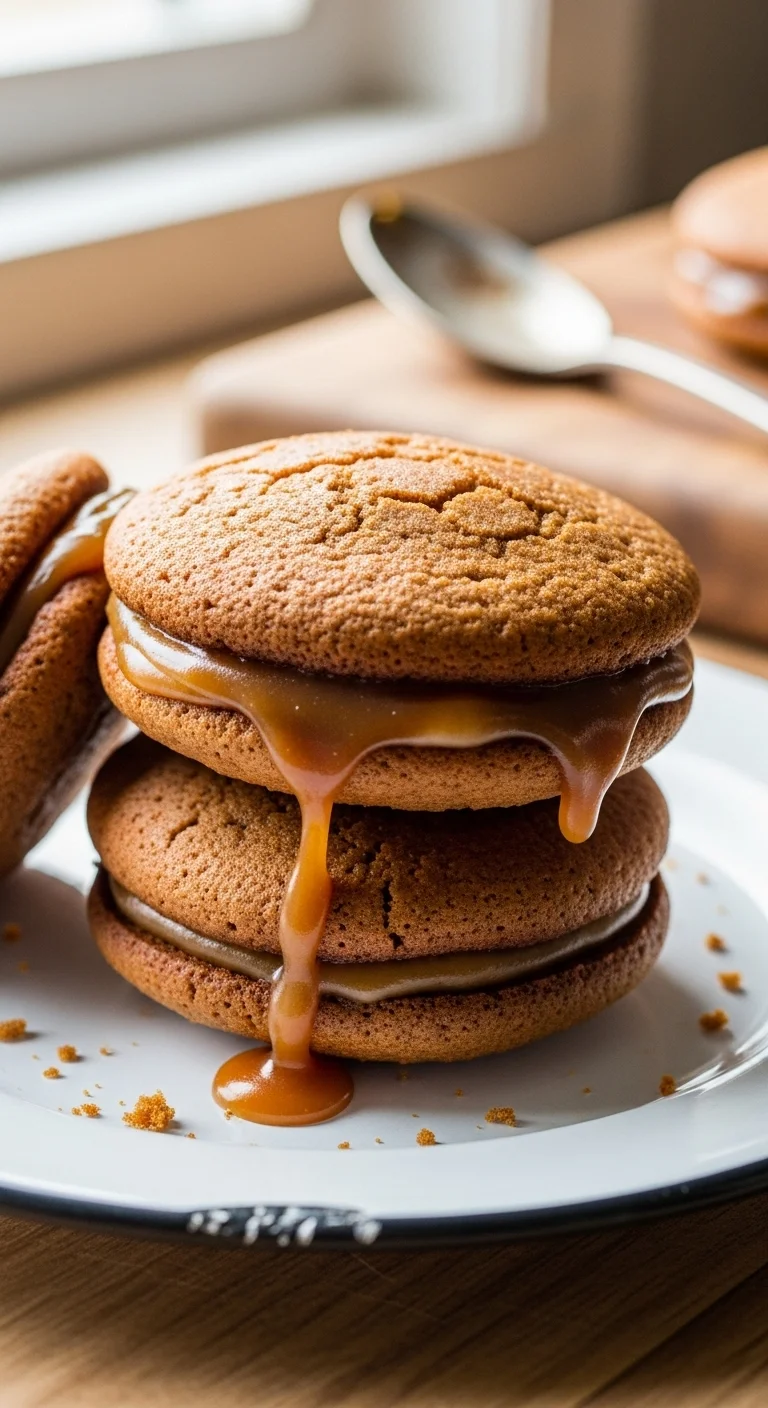 Close-up of an apple cider whoopie pie with caramel filling, a perfect fall dessert.