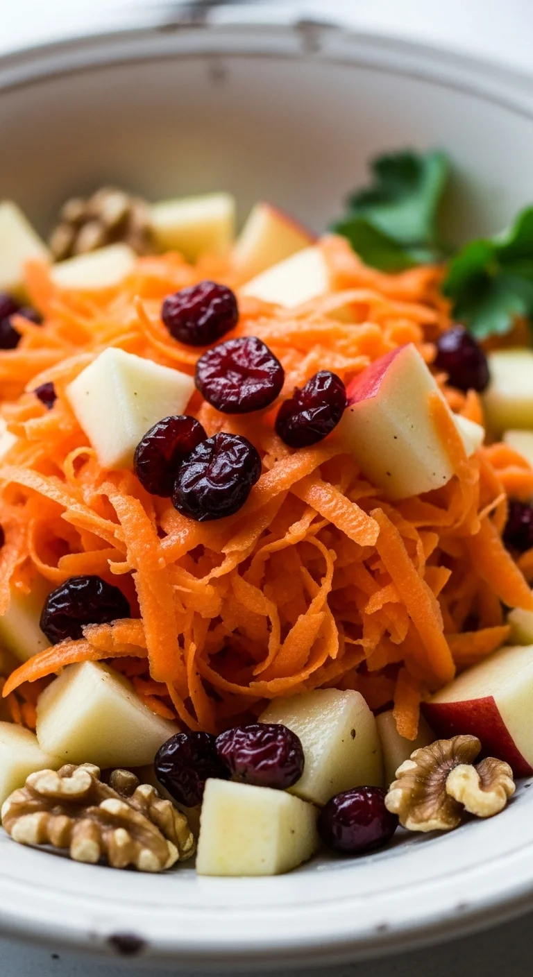 Bowl of apple cranberry salad ingredients being mixed together, showing apple slices, cranberries, and shredded carrots.
