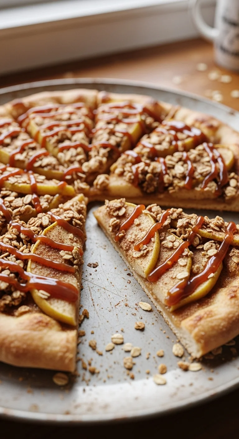 Step-by-step view of preparing an Apple Crisp Pizza, showing the apple topping on the pizza dough.