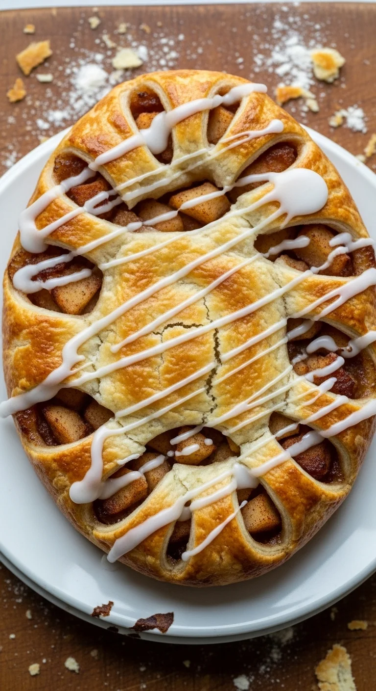 Close-up of a warm, golden Apple Kringle pastry filled with spiced apples and drizzled with vanilla glaze. Perfect homemade dessert!