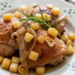 Delicious Maple Apple Chicken ready to serve. Tender chicken with a sweet and savory apple maple glaze.
