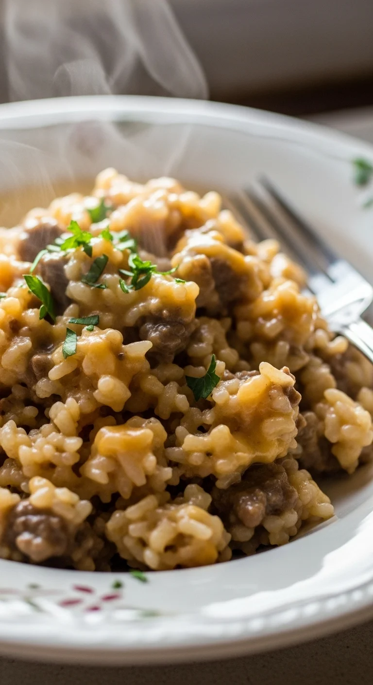 Close-up shot of creamy beef cheddar rice skillet showing the texture and cheesy goodness.