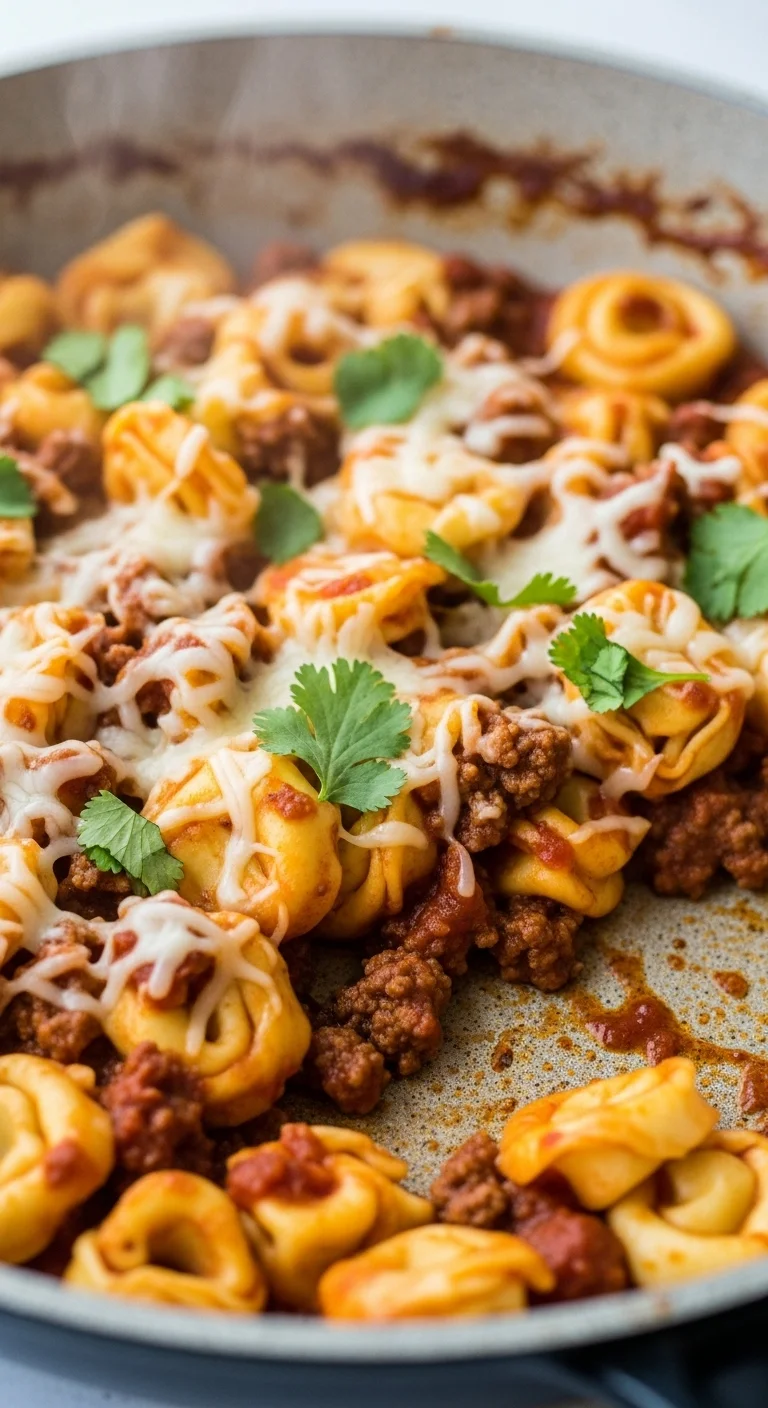 Close-up of cheesy beef enchilada tortellini skillet, ready to eat.