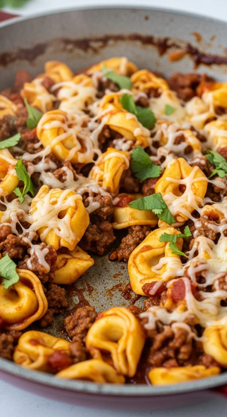 Tortellini and beef being added to the enchilada sauce in a skillet for beef enchilada tortellini.