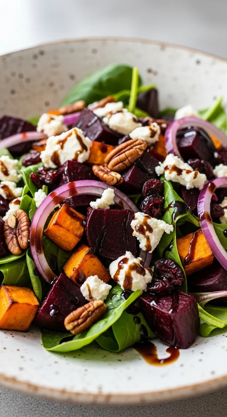 Serving bowl filled with roasted beet and sweet potato salad with balsamic dressing. Healthy and delicious lunch option.