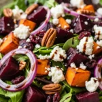 Close-up of vibrant roasted beet and sweet potato salad with balsamic vinaigrette. Healthy vegetarian side dish recipe.