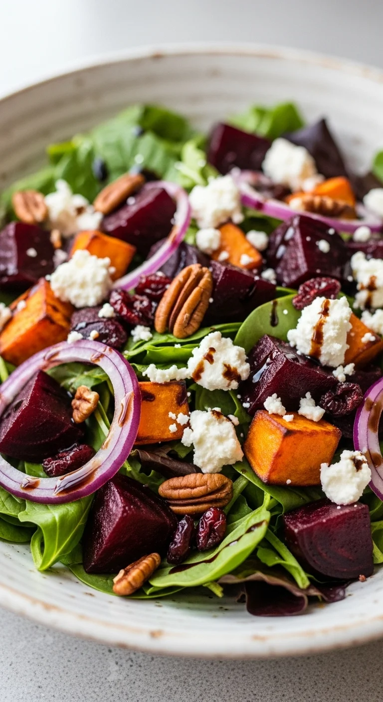 Close-up of vibrant roasted beet and sweet potato salad with balsamic vinaigrette. Healthy vegetarian side dish recipe.