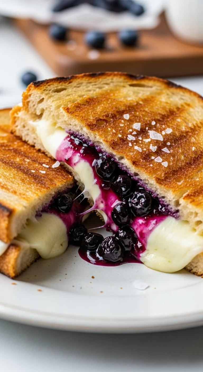 Close-up of a golden-brown crispy blueberry grilled cheese sandwich oozing with melted cheese and blueberry jam.