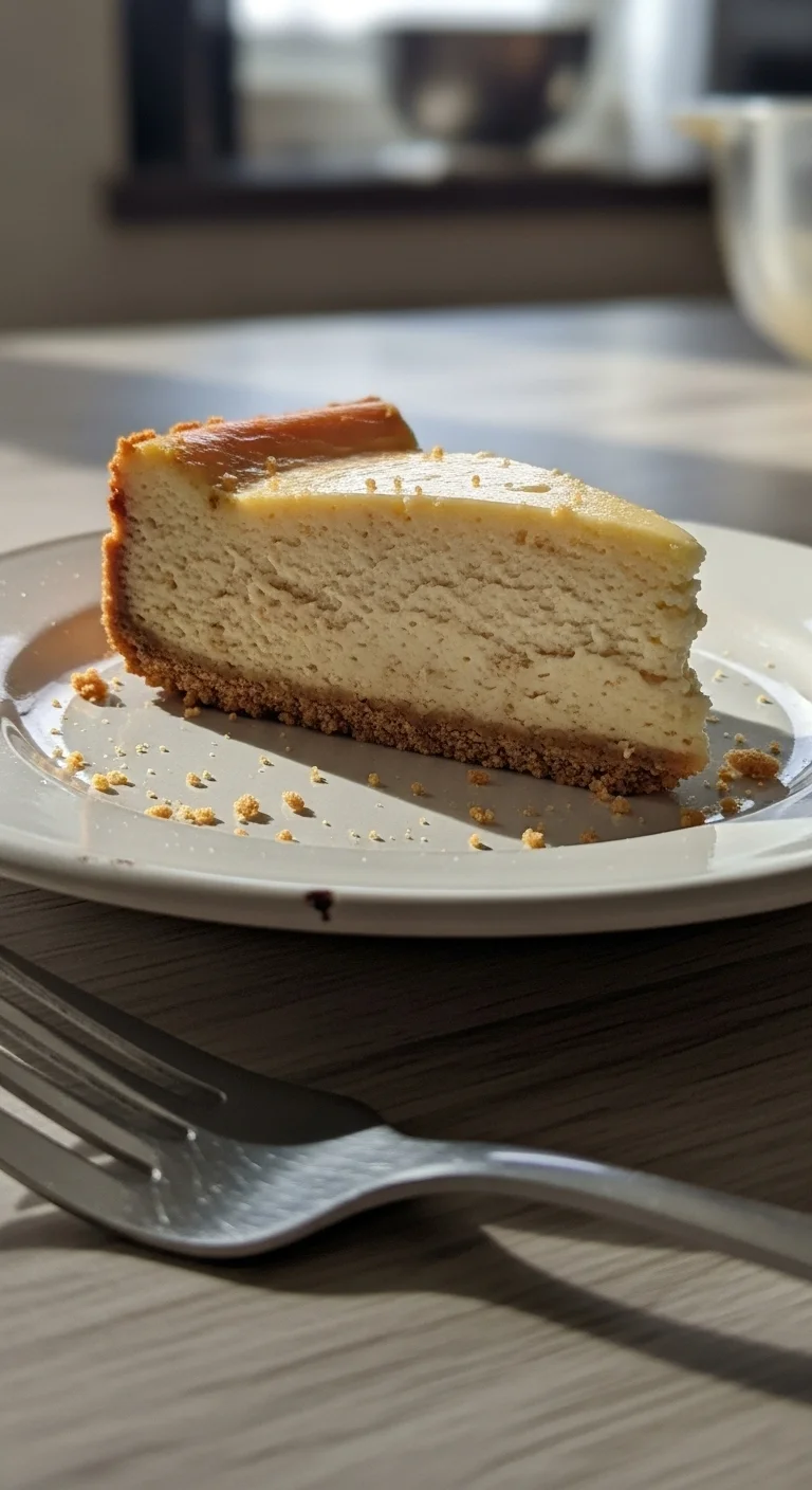 A slice of creamy brown butter vanilla bean cheesecake showcasing its rich texture.