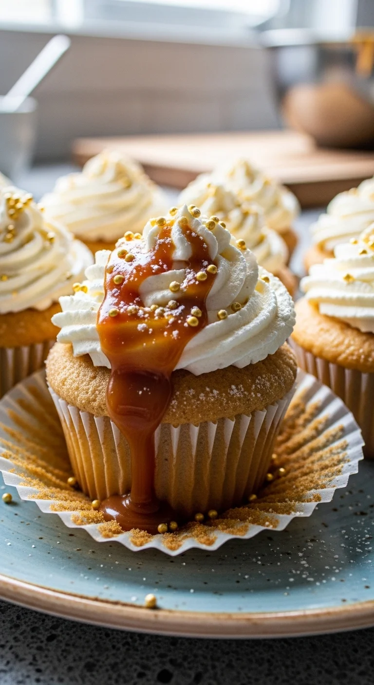 Image showcasing the process of making butterscotch cream cupcakes, including pouring batter into cupcake liners.