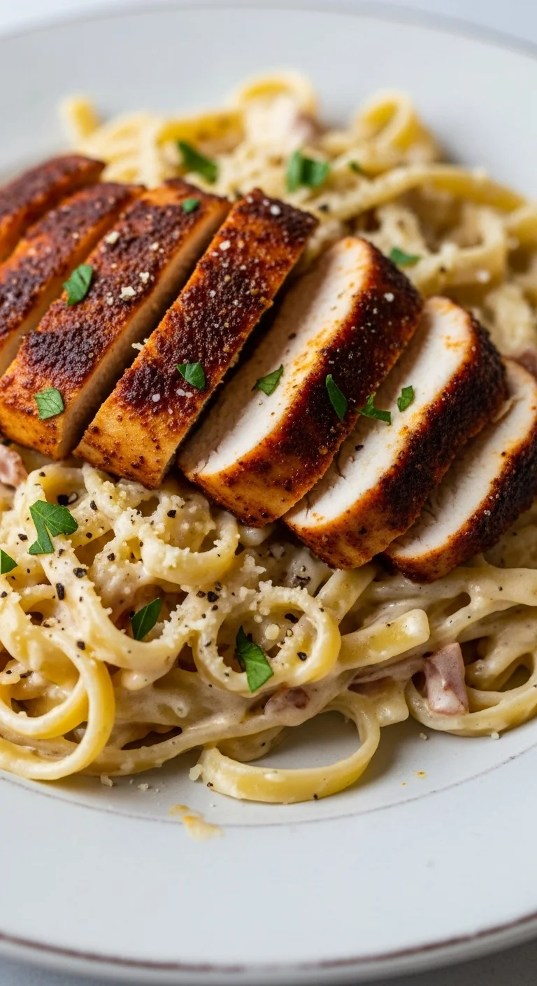 Close-up shot of creamy Cajun chicken alfredo pasta with visible chicken and sauce.