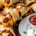 Close-up of cheesy taco sticks, golden brown and melty, ready to eat. Homemade cheesy taco sticks recipe.