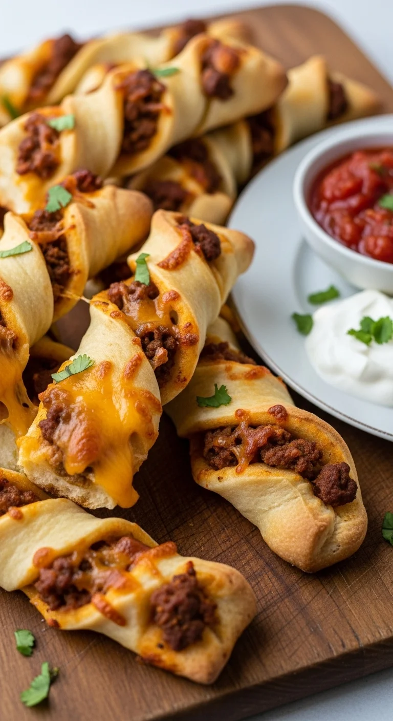 Image showing the cheesy taco sticks filling, seasoned ground beef with melted cheese inside a breadstick. Cheesy taco sticks recipe step-by-step.