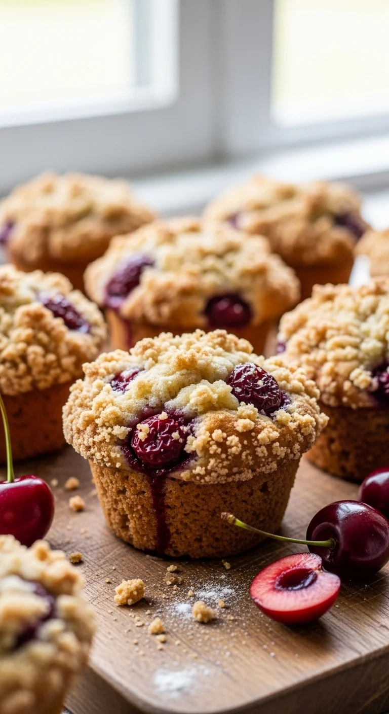 Ingredients for cherry cobbler muffins arranged on a wooden countertop, including fresh cherries, flour, butter, sugar, and spices.