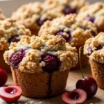Close-up of a freshly baked cherry cobbler muffin with a golden streusel topping, served on a plate. Perfect breakfast or dessert!