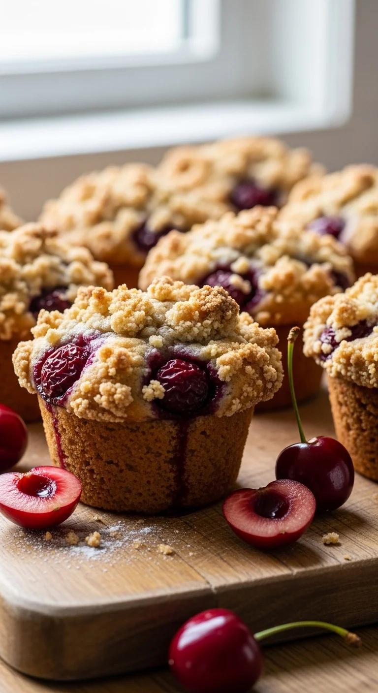 Close-up of a freshly baked cherry cobbler muffin with a golden streusel topping, served on a plate. Perfect breakfast or dessert!