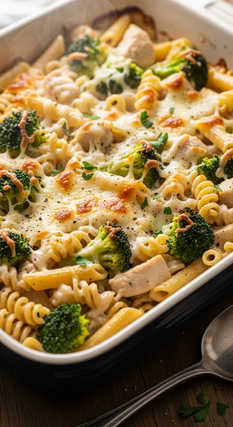 Close-up of Chicken Alfredo Bake ingredients being layered in a baking dish.
