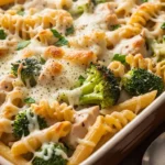 Delicious chicken alfredo bake with broccoli and pasta, ready to serve.