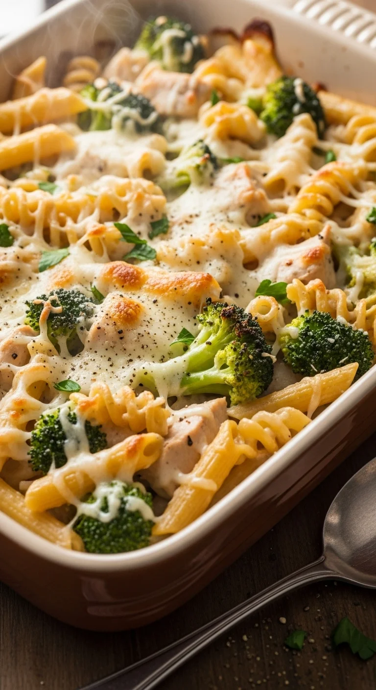 Delicious chicken alfredo bake with broccoli and pasta, ready to serve.
