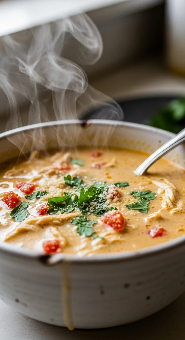 Close-up shot of chicken parmesan soup showing the creamy broth, tender chicken, and melted parmesan cheese. A delicious and easy chicken parmesan soup recipe detail.