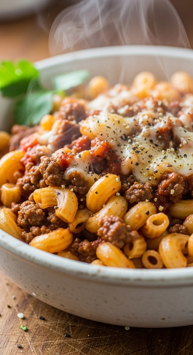 Close-up of chili mac recipe ingredients including ground beef, elbow macaroni, and creamy cheese sauce.