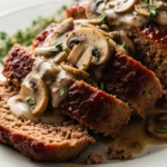 Juicy classic meatloaf with rich mushroom gravy, ready to be sliced and served. Get the meatloaf recipe!