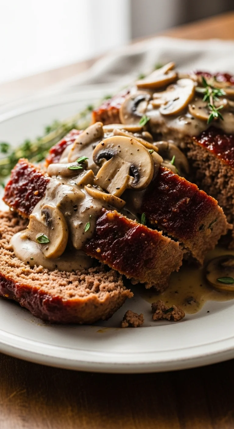 Juicy classic meatloaf with rich mushroom gravy, ready to be sliced and served. Get the meatloaf recipe!