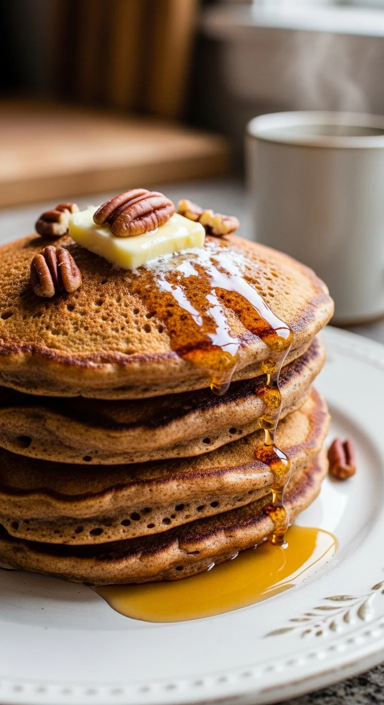 Fluffy gingerbread pancakes recipe served with maple syrup, perfect for a cozy breakfast or brunch.