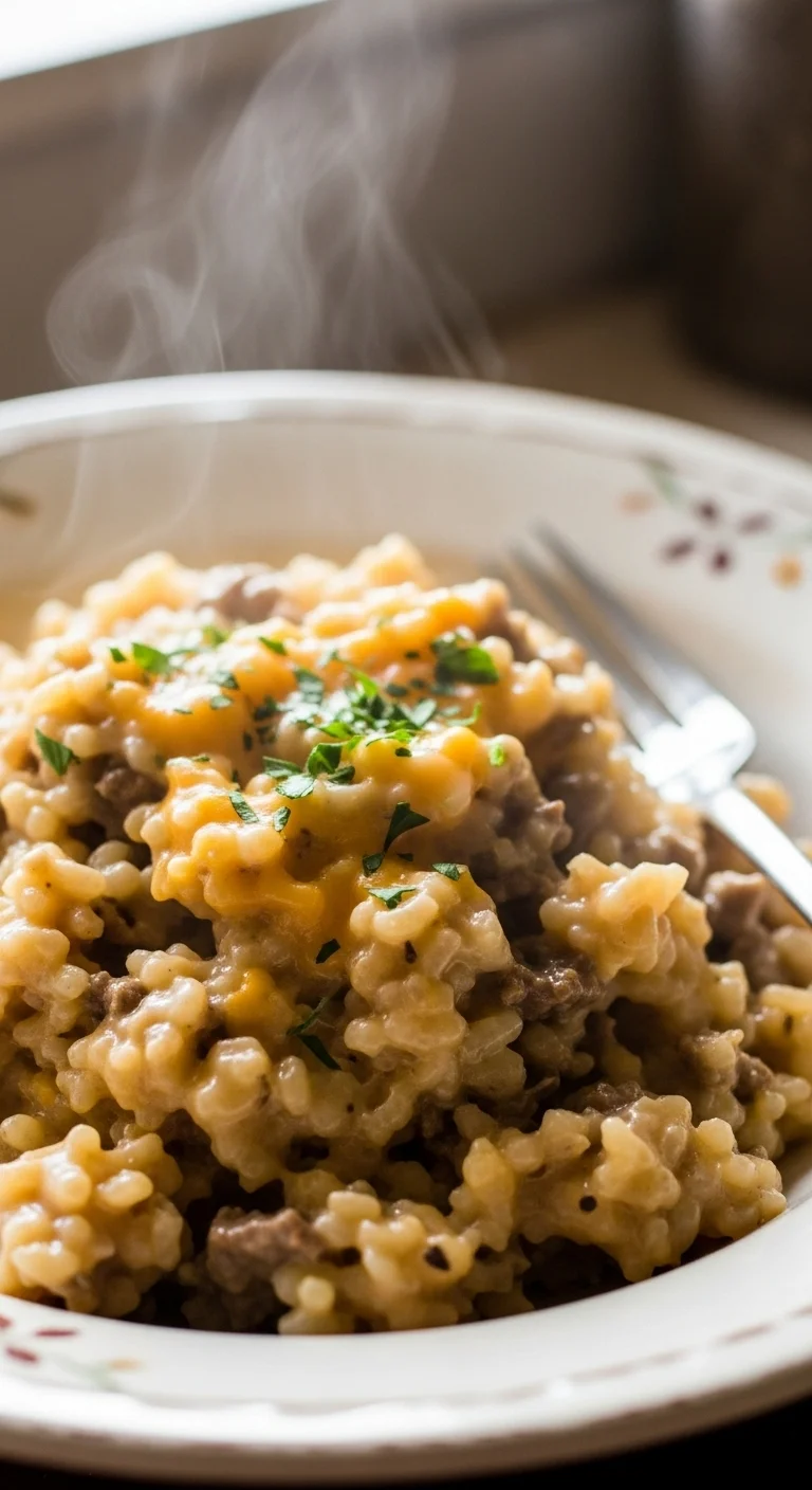 Creamy beef cheddar rice skillet, a delicious and easy weeknight dinner.