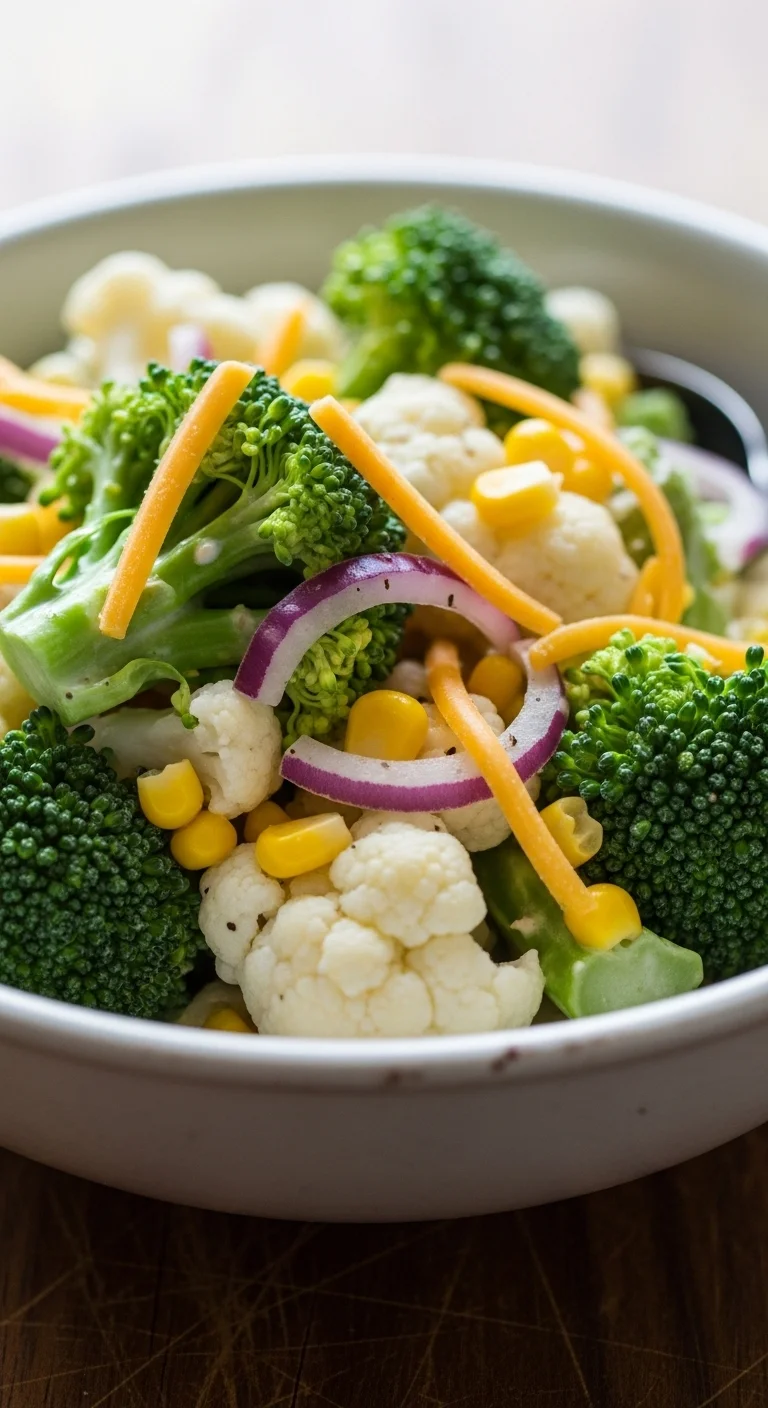 Close-up of creamy broccoli cauliflower salad with colorful vegetables.