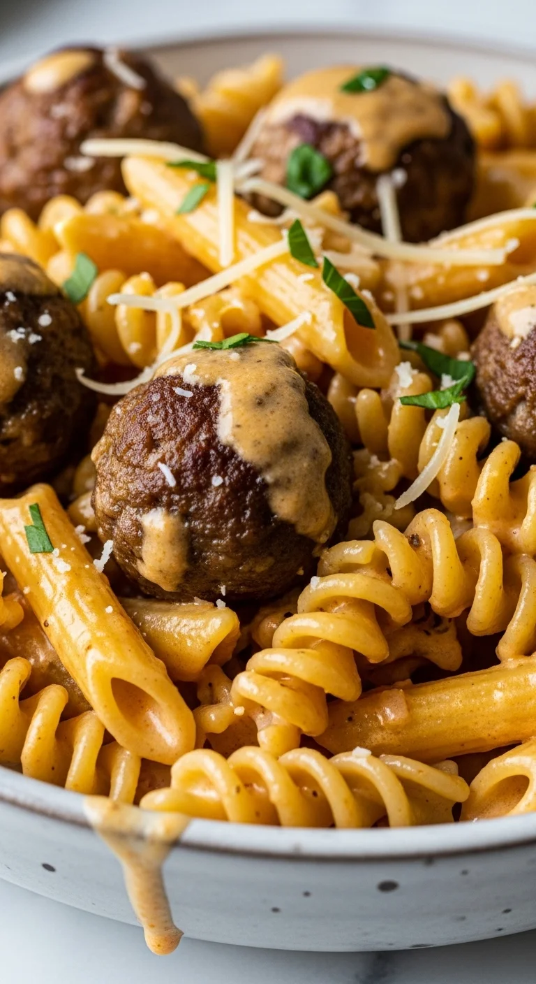 Creamy Cajun meatball pasta recipe served in a pot, ready to eat. One-pot recipe for easy weeknight dinner.