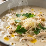 Close-up of creamy chicken parmesan soup in a crock pot, garnished with fresh basil and parmesan cheese.