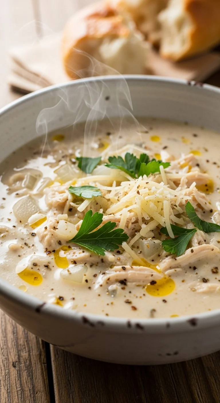 Close-up of creamy chicken parmesan soup in a crock pot, garnished with fresh basil and parmesan cheese.