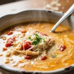 Creamy Chicken Parmesan Soup in a bowl, garnished with parsley and parmesan cheese.