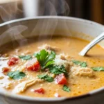 Creamy chicken parmesan soup in a white bowl, garnished with parsley and parmesan cheese. A comforting and easy chicken parmesan soup recipe.