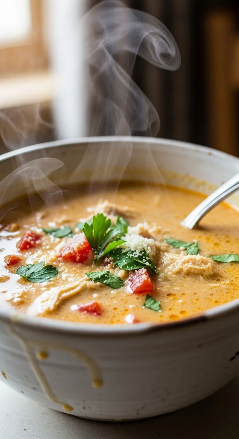 Creamy chicken parmesan soup in a white bowl, garnished with parsley and parmesan cheese. A comforting and easy chicken parmesan soup recipe.