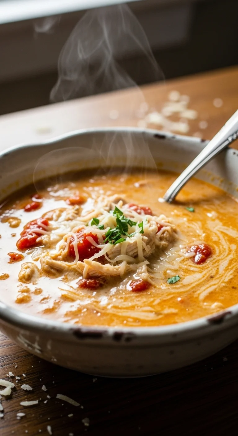 Creamy Chicken Parmesan Soup in a bowl, garnished with parsley and parmesan cheese.