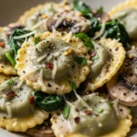 Close-up of Creamy Mushroom Spinach Ravioli, a delicious and easy-to-make pasta dish.
