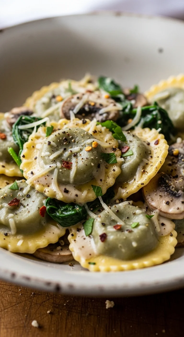 Close-up of Creamy Mushroom Spinach Ravioli, a delicious and easy-to-make pasta dish.