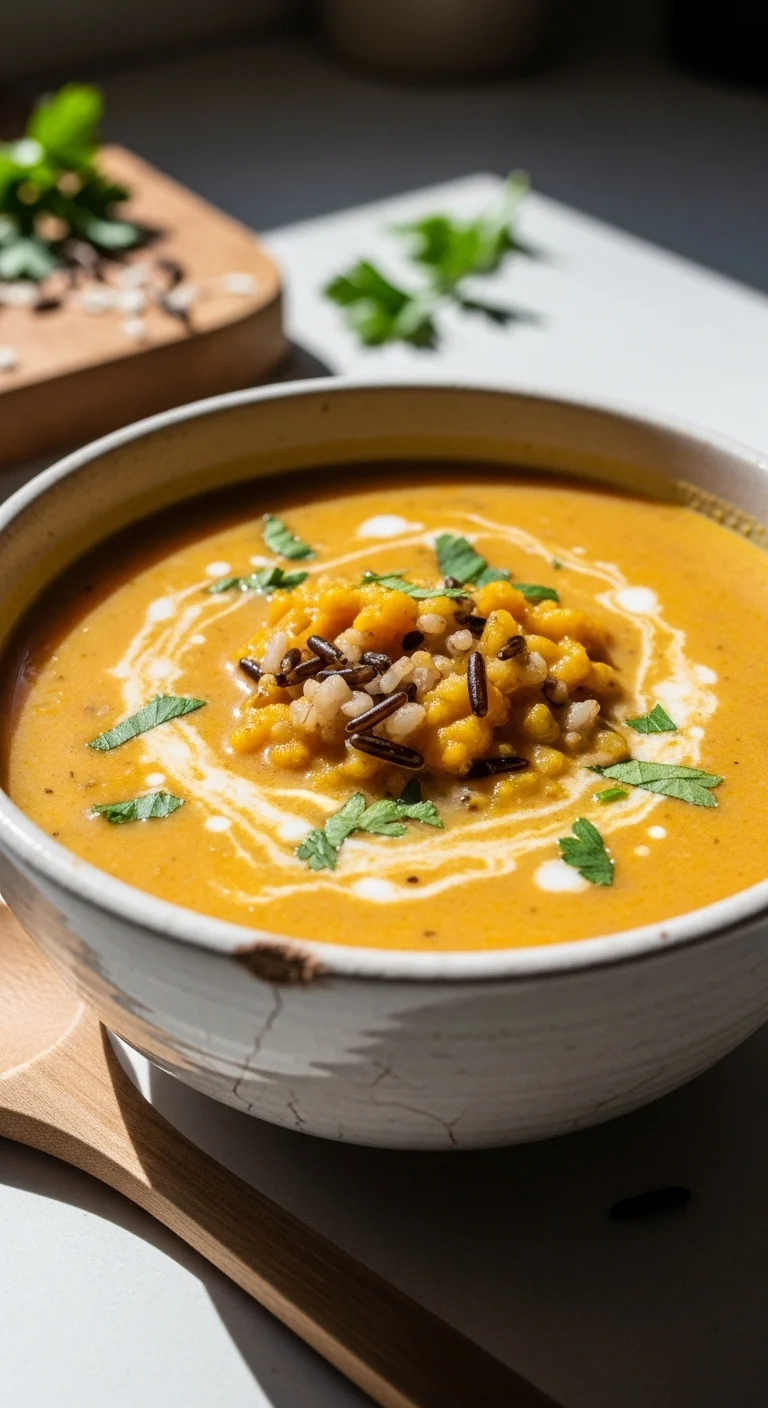 Bowl of creamy pumpkin wild rice soup, garnished with herbs. Vegan and perfect for autumn.