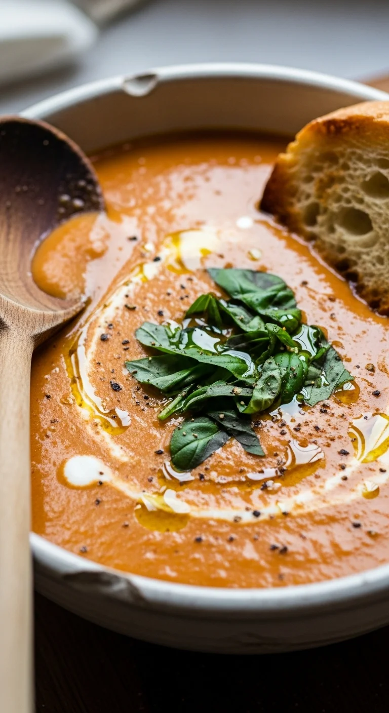 Creamy roasted garlic tomato soup in a bowl, garnished with fresh basil. Perfect for a cozy meal.