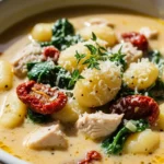 Creamy Tuscan chicken gnocchi soup with spinach, sun-dried tomatoes, and parmesan cheese.