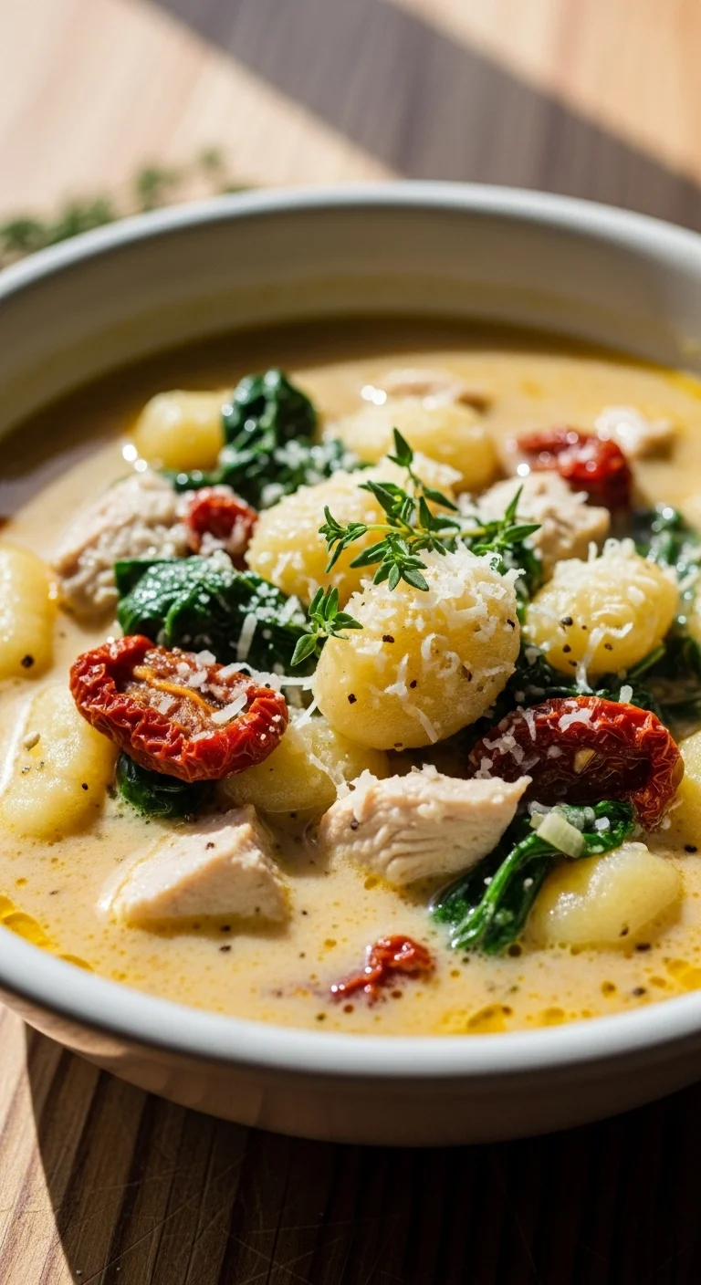 Creamy Tuscan chicken gnocchi soup with spinach, sun-dried tomatoes, and parmesan cheese.