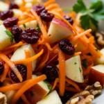 Close-up of crisp apple cranberry salad with carrots, showcasing vibrant colors and textures.